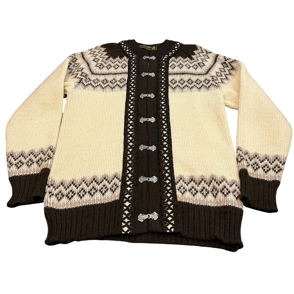 Nordstrikk Cardigan Sweater Womens Medium Brown Cream Nordic Pewter Clasps Wool